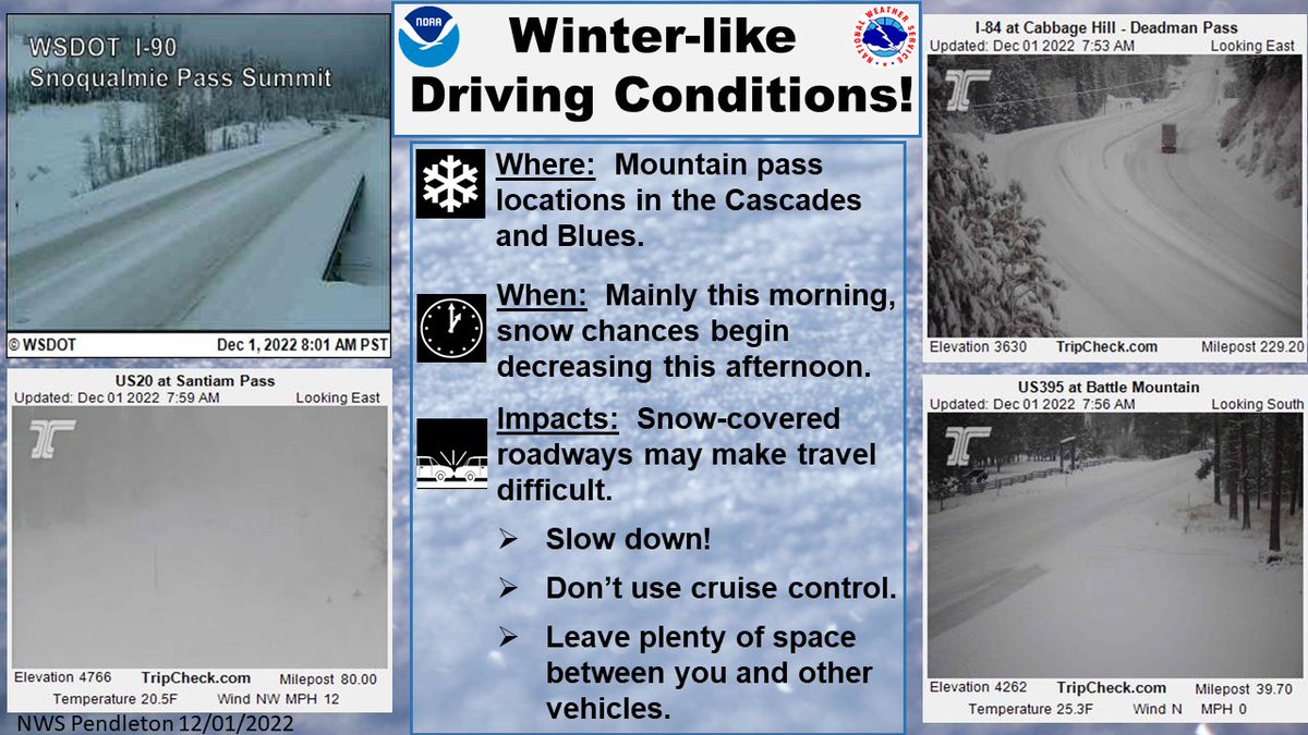NWSPendleton's tweet photo. Venturing across the mountain passes today? Make sure to check travel conditions before you head out! #orwx #wawx https://t.co/HdoPlFtTpW