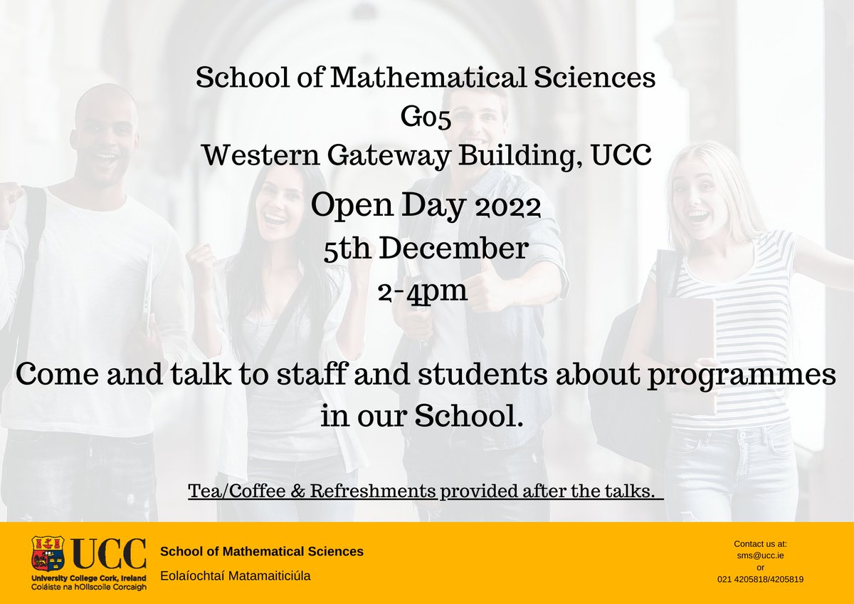SEFSUCC's tweet photo. Where can #Maths take you?... Come find out @UCC's School of Mathematical Sciences Open Day next week.
Register: https://t.co/Uphg9TlPPe https://t.co/iTFoootU77