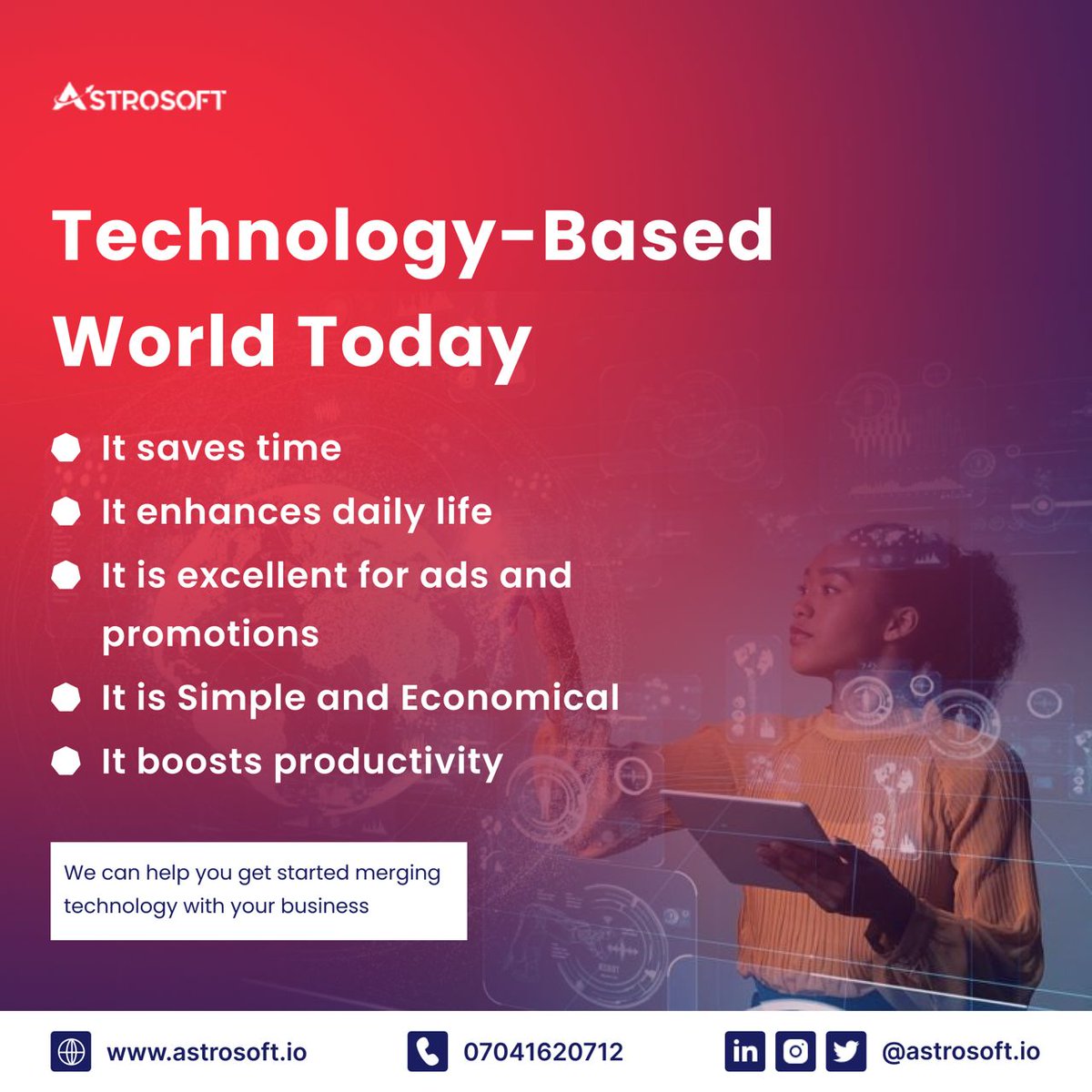 Astrosoftio's tweet photo. In the Modern world today, it’s impossible to succeed and grow your business without technology as it has radically changed and facilitated our daily activities and made business easier
Contact us to link your business with fast-growing technology to boost sales in your business. https://t.co/Rxr2opvZON