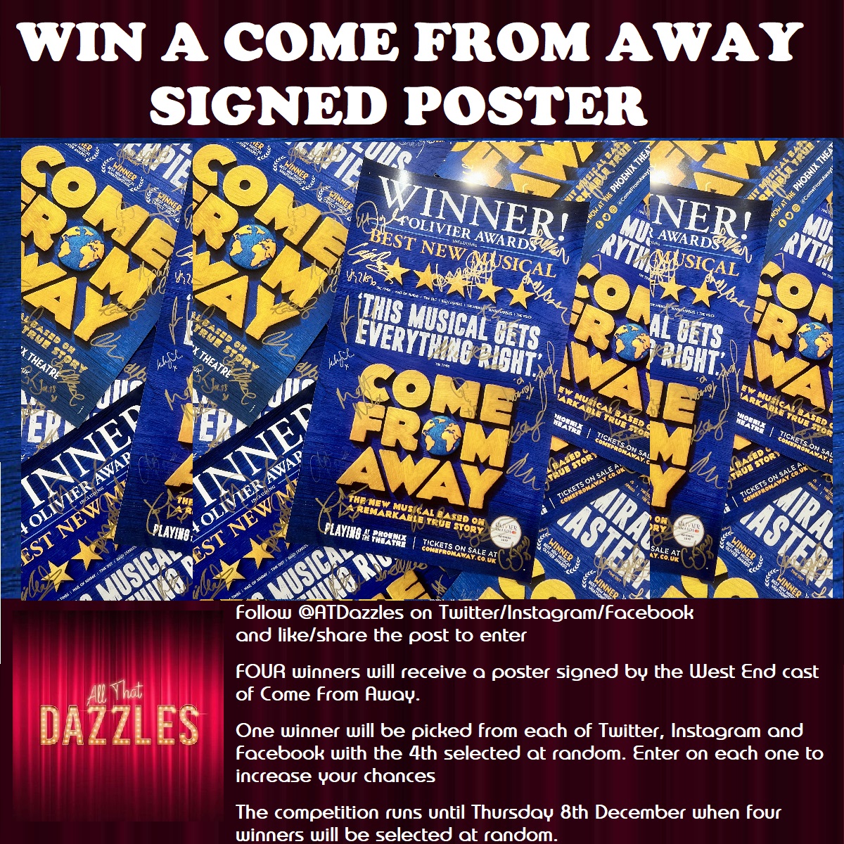 All That Dazzles (@atdazzles) on Twitter photo New competition!
I've teamed up with <a href="/ComeFromAwayUK/">Come From Away UK</a> to bring you a new giveaway.
To celebrate 1000 performances in the West End, FOUR lucky winners will receive a poster signed by the West End cast.
To enter simply like or retweet this post.
You must be following me to enter. New competition!
I've teamed up with <a href="/ComeFromAwayUK/">Come From Away UK</a> to bring you a new giveaway.
To celebrate 1000 performances in the West End, FOUR lucky winners will receive a poster signed by the West End cast.
To enter simply like or retweet this post.
You must be following me to enter.