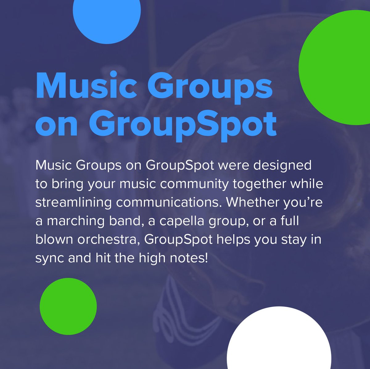 GroupSpotTheApp's tweet photo. Marching #bands, #orchestras, a cappella groups and more... #GroupSpot is the app for you! Click to read more about what features will all you to best communicate with your troupe - it will be #music to your ears! https://t.co/rn16CBWl1U https://t.co/O4bFs1g2xe