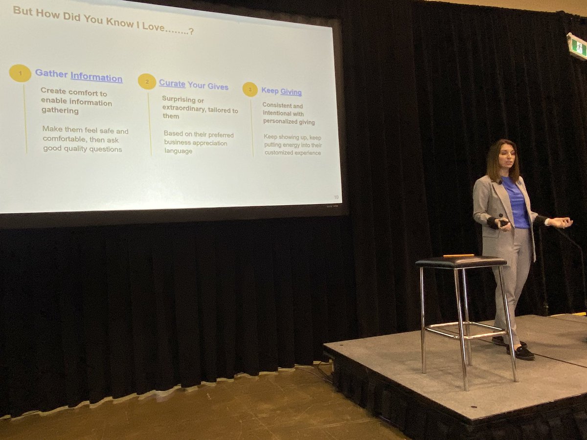 Fischbooks's tweet photo. .@TwylaVerhelst (the only woman who can make me cry on stage) is the queen of thoughtful and meaningful giving, whether it’s time, words, or gifts. This morning she gives knowledge on how to personalize giving. #myfreshcommunity #AccountexCanada #Accountex2022 @FreshBooksAccts https://t.co/E1N2klRuno