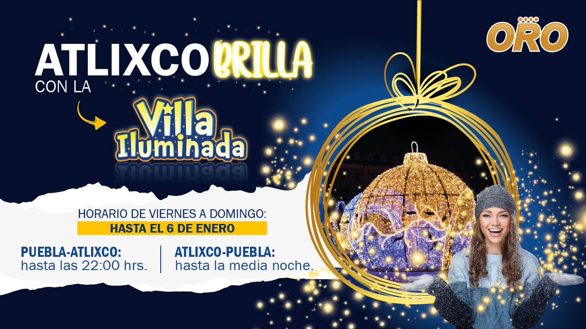 OroAutobuses's tweet photo. Llegó diciembre 🥶 y con él los viajes de temporada no van a detenerse.
Recuerda que de viernes a domingo tenemos horarios especiales hacia Atlixco para que puedas disfrutar el evento que ilumina toda la ciudad 😍.
#VillaIluminada #ViajaConORO #ElPlacerDeViajar #Atlixco #Puebla https://t.co/gtJmckV9SD