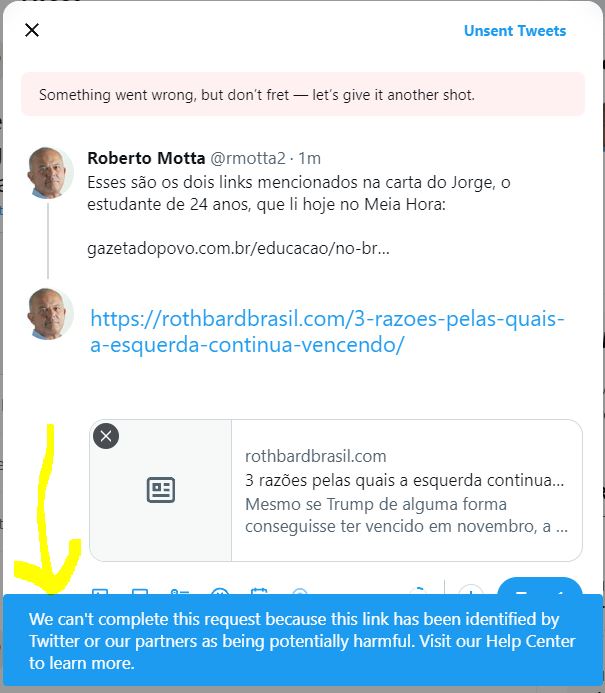 rmotta2's tweet photo. Hi @elonmusk. Sorry to bug you again 🙂

Check this: Twitter won't allow me to tweet a link to an article published by Brazil's Murray Rothbard (a libertarian thinker) Institute. 

Keep up the good fight. https://t.co/ATs9ODoLPT
