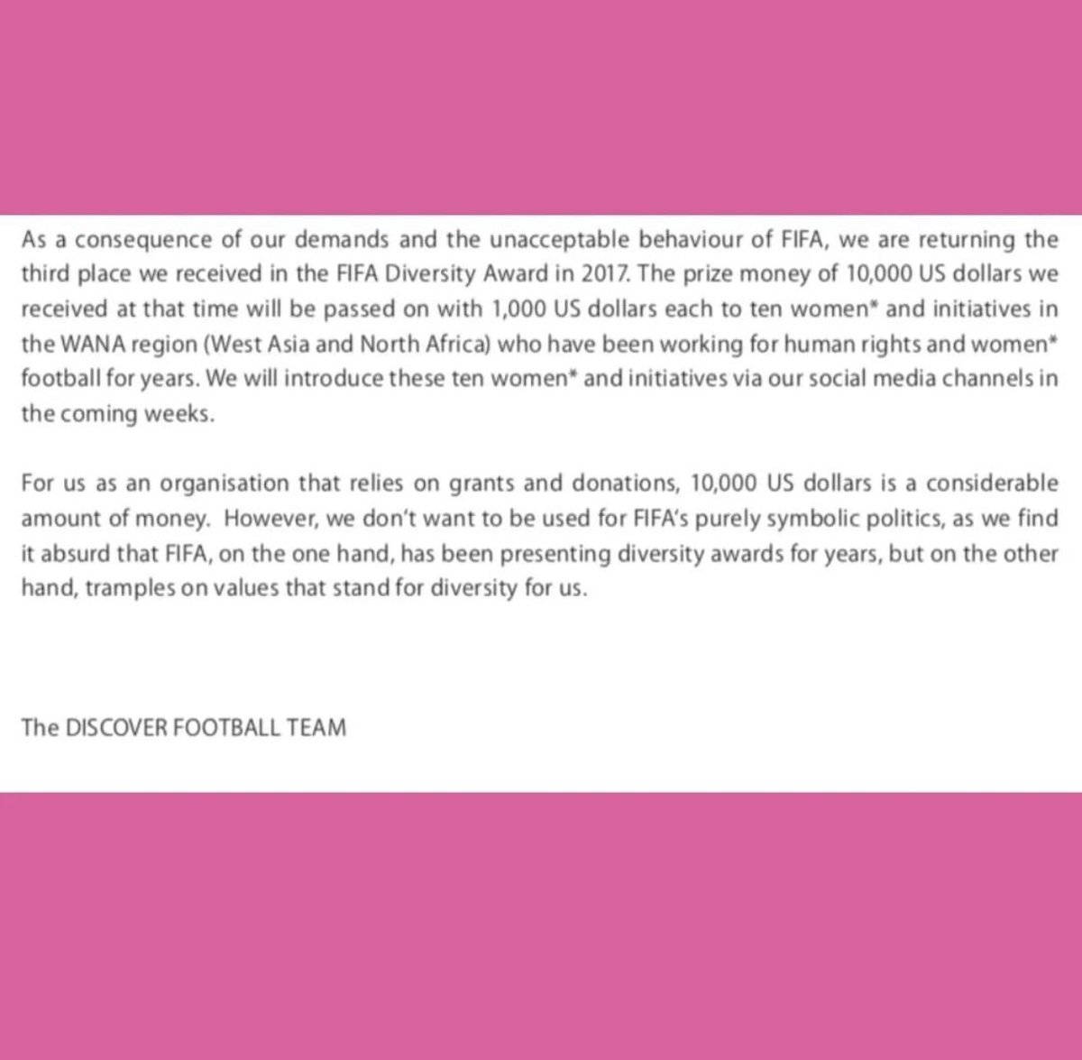 FvHtweets's tweet photo. “we are returning the 3rd place we received in the FIFA Diversity Award in 2017. The prize money of $10,000 we received at that time will be passed on with 1,000 US dollars each to ten women* and initiatives in the WANA region (West Asia and North Africa)” 

@DiscovFootball ✊ https://t.co/bu5DGDXHqc