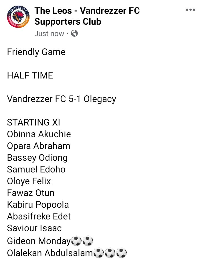 VFCLeos's tweet photo. TRAINING MATCH

@vandrezzerfc_ scored five in the first half against Olegacy FC in Ibiono, Coach Niambele Mohammed is watching from the sideline https://t.co/EMR37YrnVg