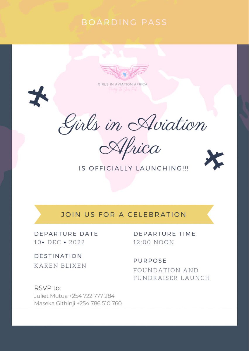 PinkSkysAfrica's tweet photo. Ladies and Gentlemen, this is your boarding call!

We are excited to announce that we are officially launching!🎊🎉

Join us on 10th December 2022 from 12:00pm at Karen Blixen as we launch #GIAA and raise funds for our high school mentorship program.

See you then. 🛫✈️ https://t.co/n2irucYVov