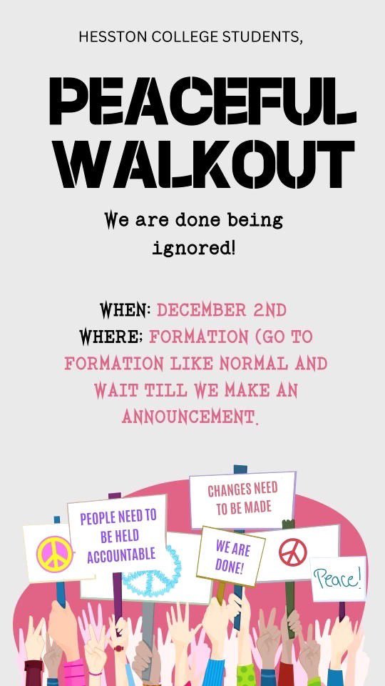 TOMORROW: Peaceful walkout at Heston College to protest the enabling of sexual violence

Student organizers at Hesston College recently reached out to Into Account for support in publicizing their demands of the Hesston College administration. #ChurchToo