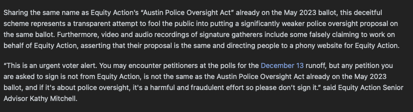 daustinsanders's tweet photo. An interesting story is unfolding effort to transform police oversight in Austin.

Equity Action, the group of well-known advocates that successfully petitioned to get an oversight ordinance on the May ballot, says an unknown group is impersonating them in a new petition campaign https://t.co/EQKTzfhace