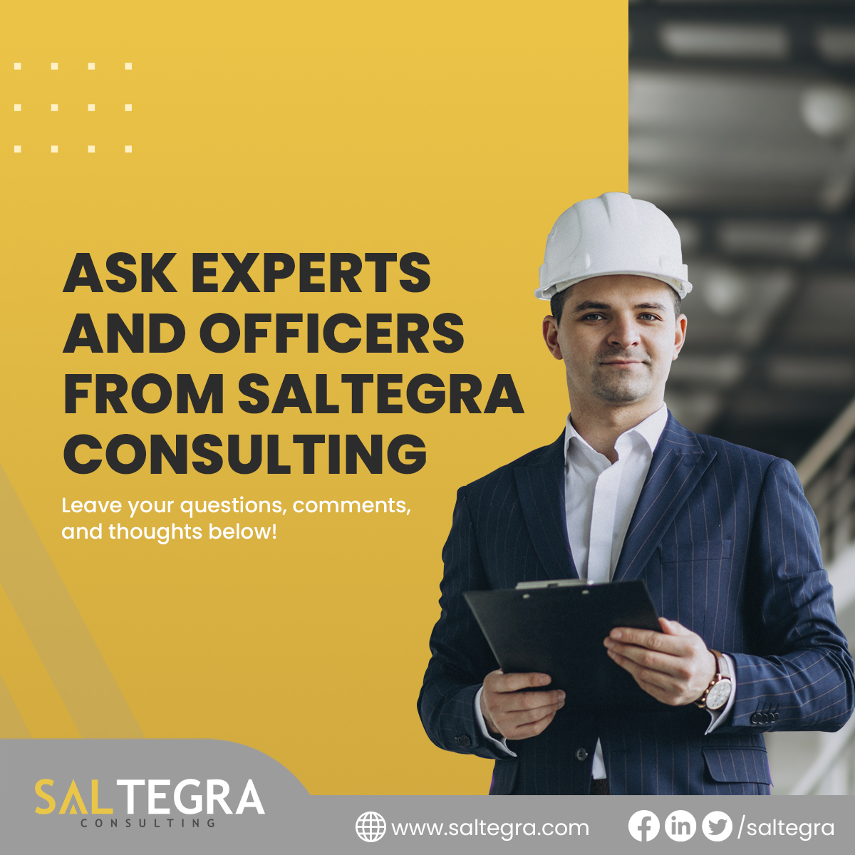 More than helping clients, Saltegra aims to educate organizations and even experts about chemical process safety.

That is why we’re sharing  our knowledge and expertise about what we do. Leave your questions, comments, and thoughts below!

#SaltegraConsulting