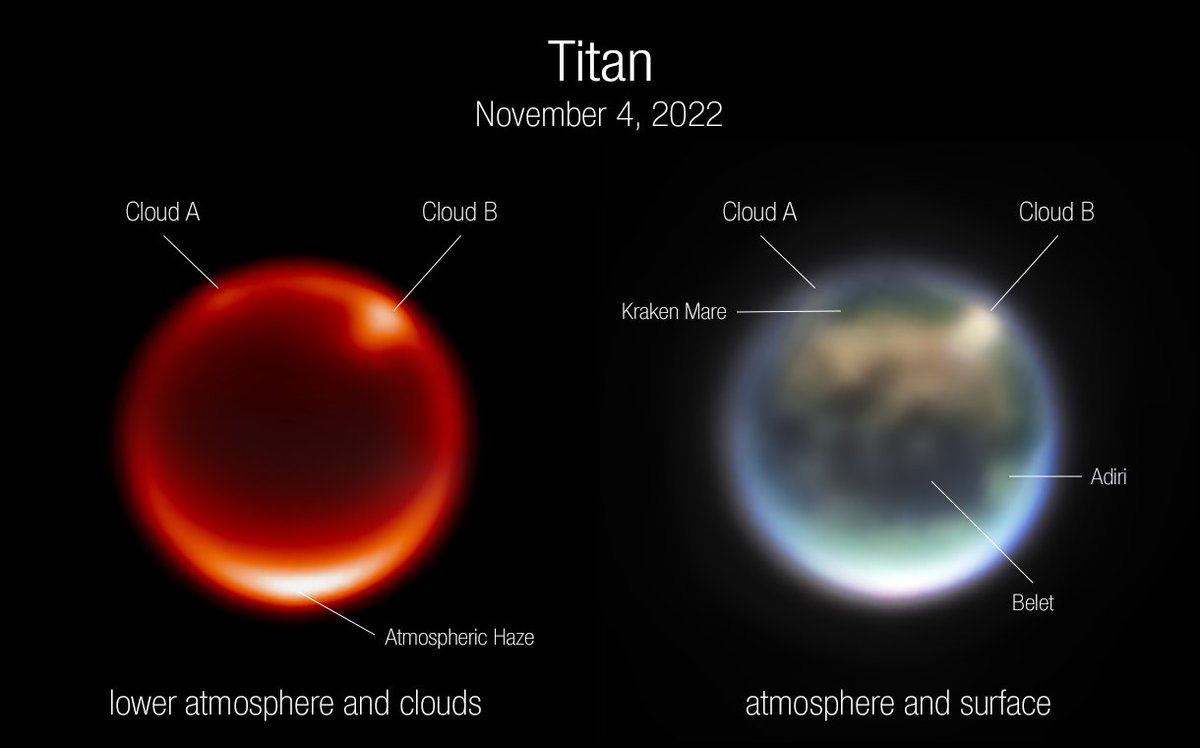 A Titan-ic success!

Here is Webb’s first look at Saturn’s largest moon, Titan. Because Titan has a dense atmosphere, its surface is hidden in visible light. Enter Webb’s infrared eye, which captured clouds as well as bright &amp; dark patches on its surface: go.nasa.gov/3FijpXN