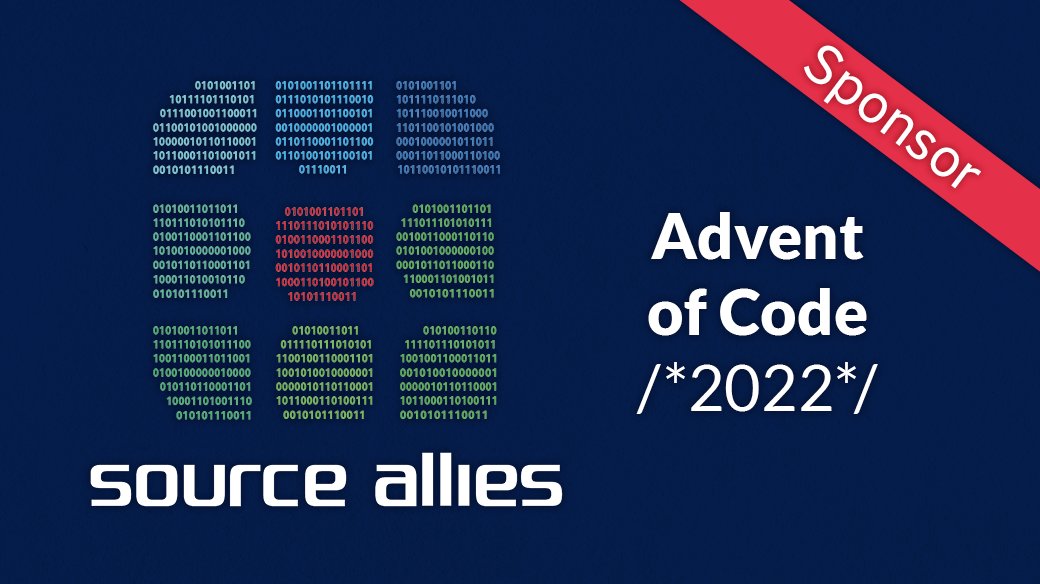 SourceAllies's tweet photo. Follow as Source Allies tackles the Advent of Code! 25 puzzles to solve December 1-25 that test logic, problem solving & patience. You can use any language & all skill levels can participate. Let's earn those golden stars! #adventofcode #coding #dsmtech #devcommunity #techfun https://t.co/vfSamfhPZY