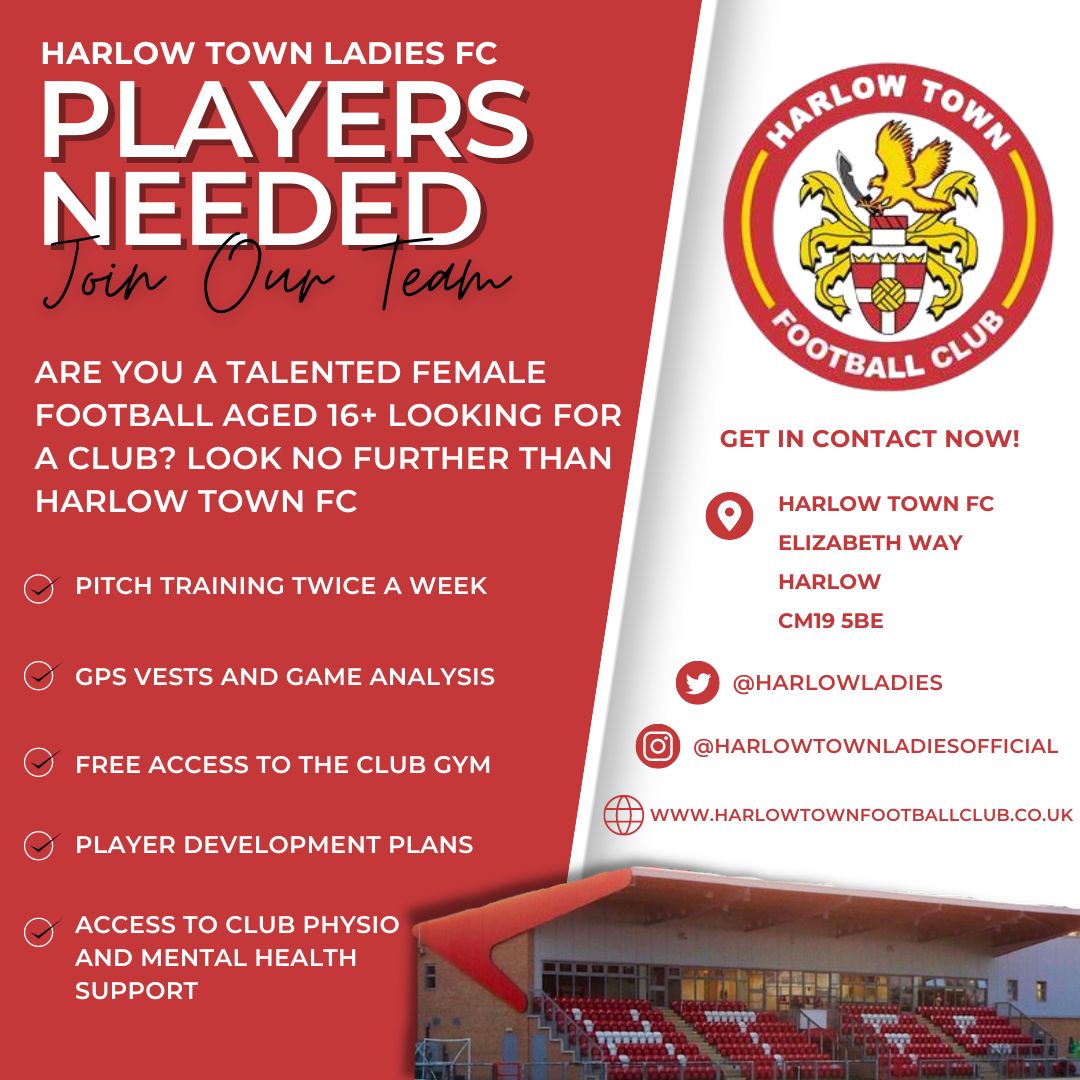 Harlow Town Ladies are looking for talented female footballers aged 16+ to join our club. 

A welcoming environment with a bundle of benefits, look no further than Harlow Town FC.

Get in contact via DM's on any of our socials…what are you waiting for? 🔴⚪️

#Hawks
#WeAreHarlow