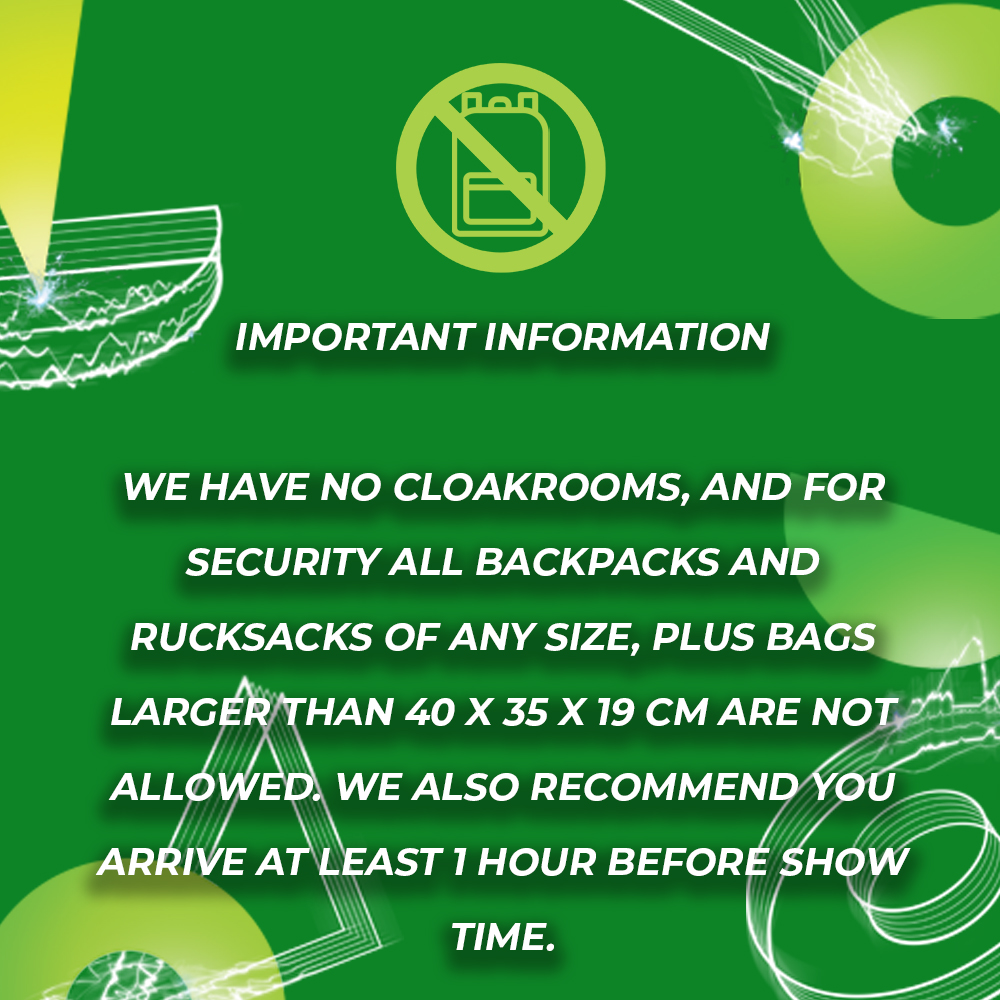 OVOArena's tweet image. π¨IMPORTANT INFORMATIONπ¨
We have no cloakrooms, and for security all backpacks and rucksacks of any size, plus bags larger than 40 x 35 x 19 cm are not allowed. We also recommend you arrive at least 1 hour before show time.
Further details π
bit.ly/OVOFAQ