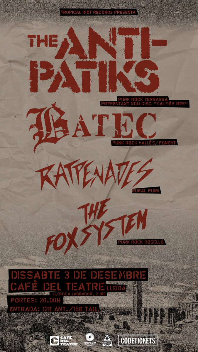 #AvuiSona <a href="/TheAntiPatiks/">The Anti-Patiks</a>, que el pròxim dissabte 3 de desembre presentaran al <a href="/cafedelteatre/">Cafè del Teatre</a> de #Lleida el seu darrer treball #Maimésres!

També hi tocaran #Batec, #Ratpenades i <a href="/FoxSystem2/">Fox System</a>, i les entrades ja estan a la venda 🎸🔥