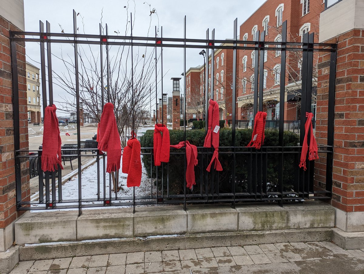 positivehn's tweet photo. Jamie and some members of the Grand River Grannies have been busy hanging red scarves at Harmony Square in downtown Brantford today.
#AAW #redscarfcampaign #theaidsnetwork https://t.co/g8FtpWfzlY