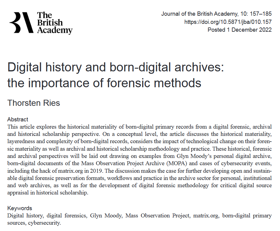 j_w_baker's tweet photo. Amazing to see this out in Journal of the @BritishAcademy_ - a must for anyone interested in contemporary archives, born digital papers, @MassObsArchive and/or web history.
Huge congrats to @RiesThorsten. And thanks again to @MSCActions for the funding!
https://t.co/V7I3RMQl3D https://t.co/XXyHZgOu92