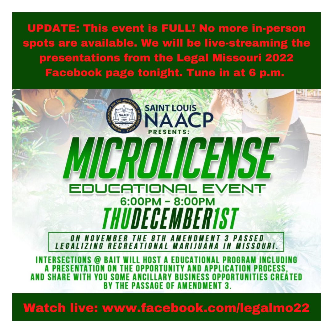 ‼️UPDATE: This event is FULL &amp; no more in-person spots are available. We will live-stream the presentations from our Facebook page tonight at 6 p.m. <a href="/legalmo22/">Legal Missouri 2022</a> 

Sign up for the #legalmo22 newsletter to be notified about more upcoming events like this one: legalmo22.com/newsletter