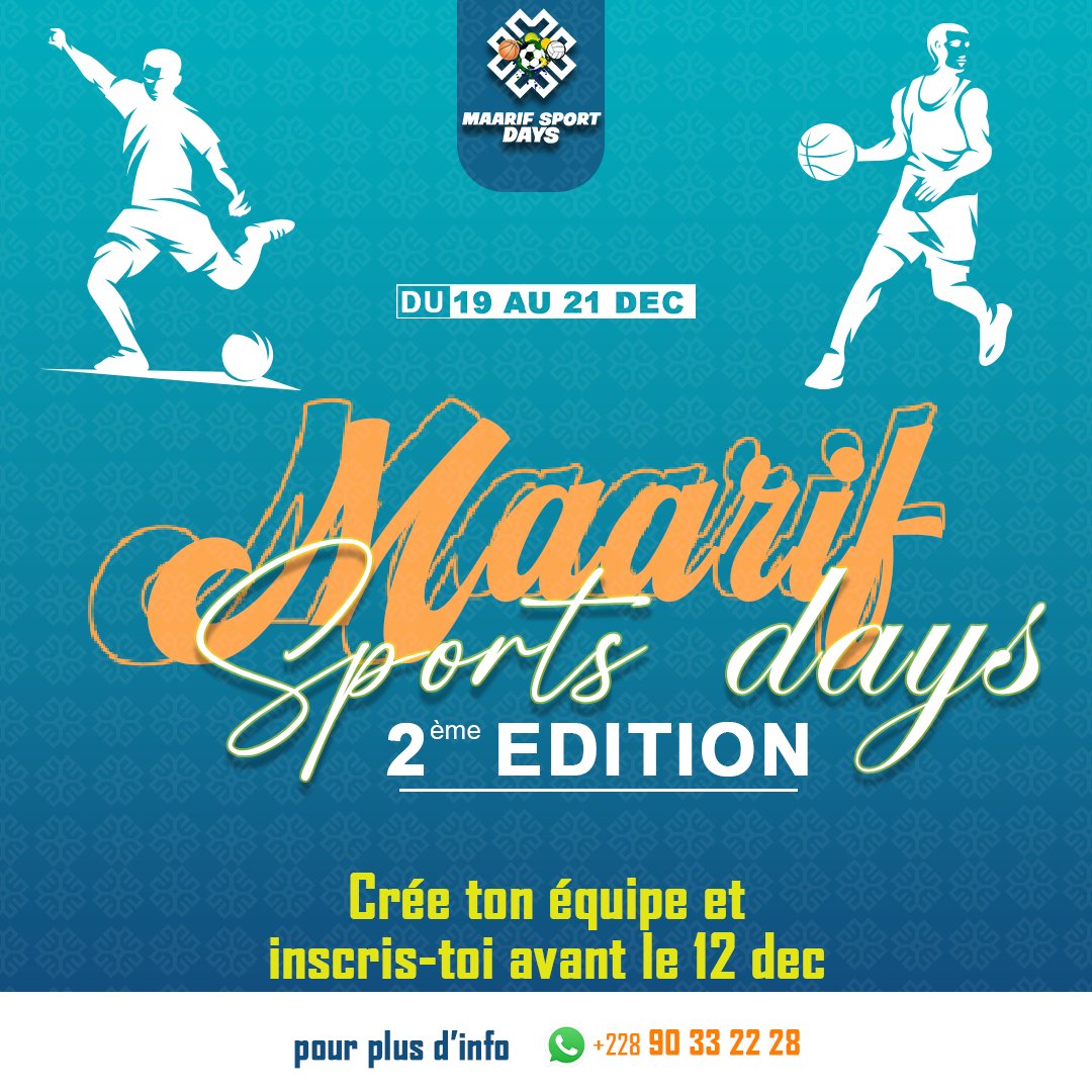 MaarifTogo's tweet photo. Ça sera du lourd...
Du foot⚽, du basket🏀, des jeux🤾🏾‍♂️🤹🏾‍♂️, et plein d’autres activités ludiques seront au rendez-vous.
#Maariftogo
#maarif
#education
#sportdays
#jeux
#football
#basket
#Lome https://t.co/osoE0mkJ9u