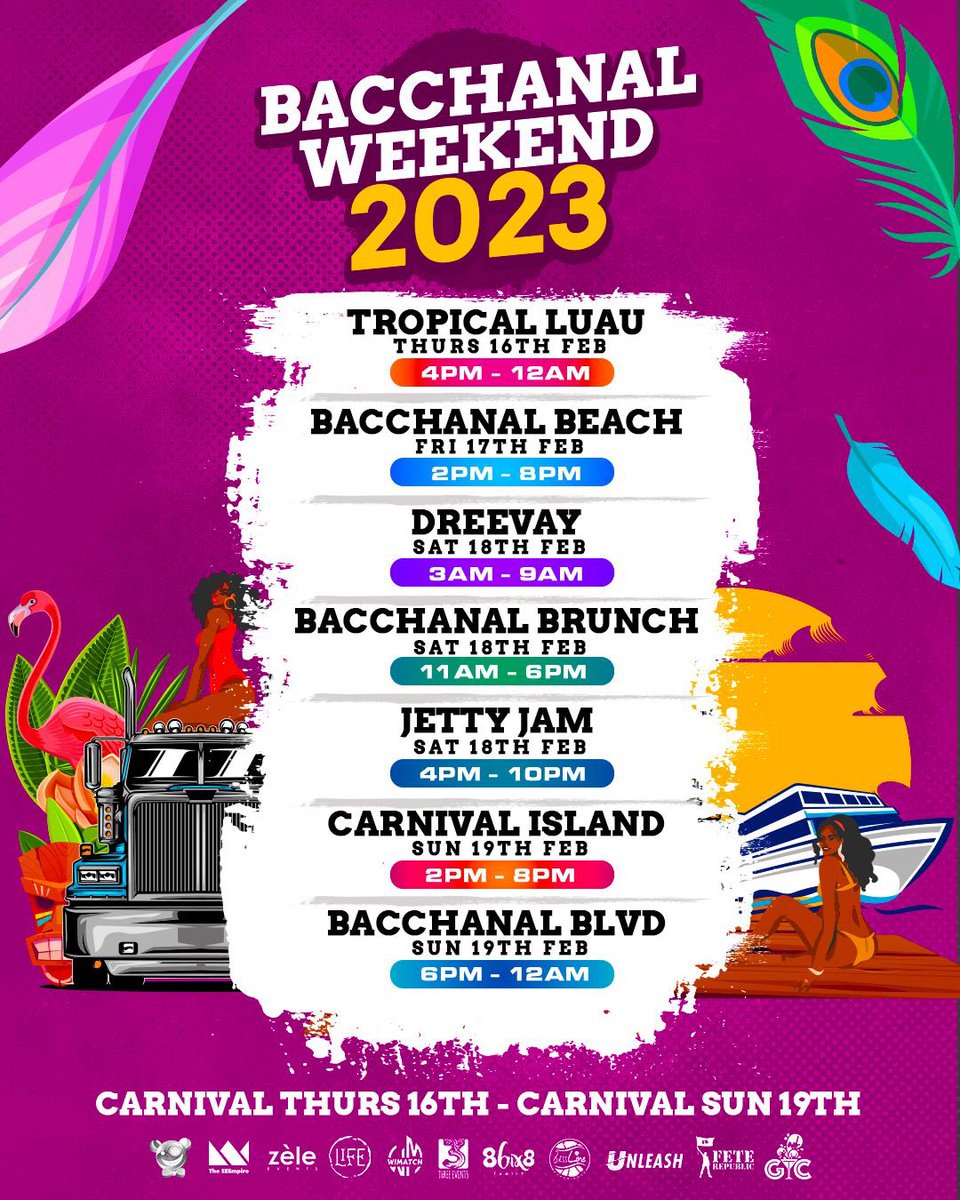 LIF3TT's tweet image. Bacchanal Weekend reigns Carnival 2023❗🇹🇹⁣
⁣
𝟭𝟭 𝗧𝗘𝗔𝗠𝗦✨ | 𝟳 𝗘𝗩𝗘𝗡𝗧𝗦🎪 | 𝟭 𝗪𝗘𝗘𝗞𝗘𝗡𝗗 📅⁣

•••⁣
@yuplifett ⁣
@EEEmpire ⁣
@zele_events ⁣⁣
@wisocial 
@Three_EventsTT 
@86ix8Family 
@BessLime 
@unleashcarnival ⁣
@FeteRepublicTT 
⁣
