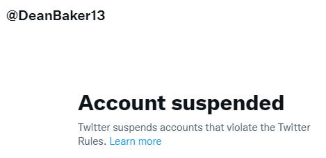 PaulHRosenberg's tweet photo. The Nazi take-over of Twitter is going much faster than you realize. 
Twitter has suspended probably the first &amp; longest-running blogger, economist Dean Baker. He's co-founder of the Center for Economic and Policy Research &amp; his "Beat the Press" blog started in the 1990s. https://t.co/tDcW7dUqSd
