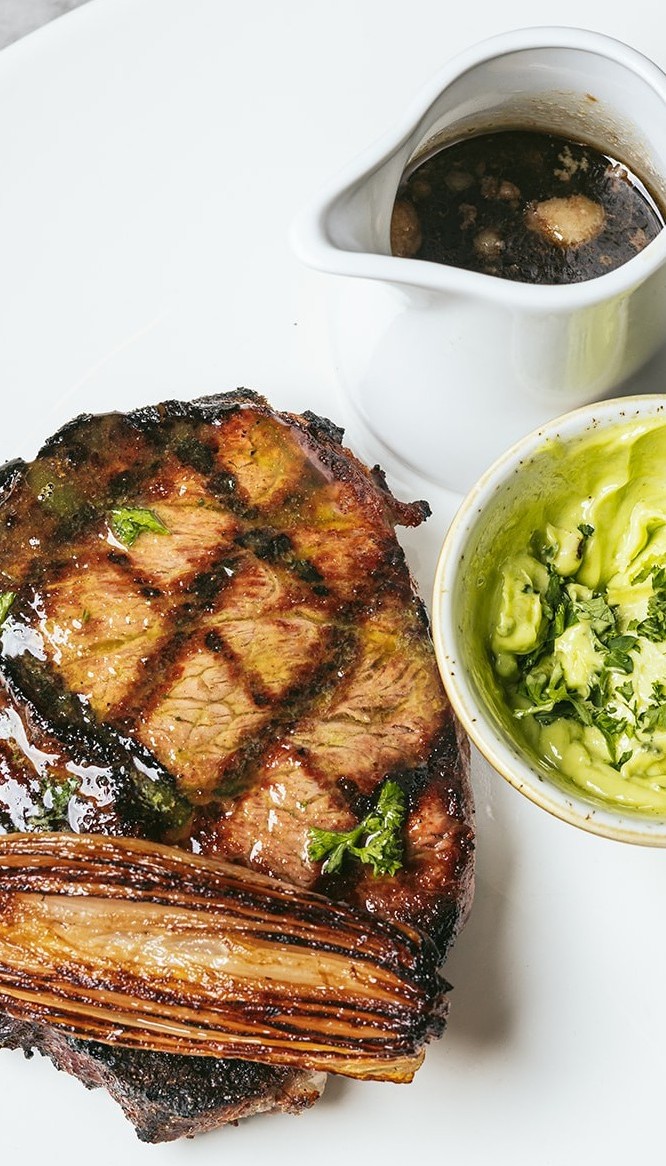 We’re not just about fish: MEAT our ribeye steak served with garlic butter for melting and Bone Marrow Bordelaise for pouring...