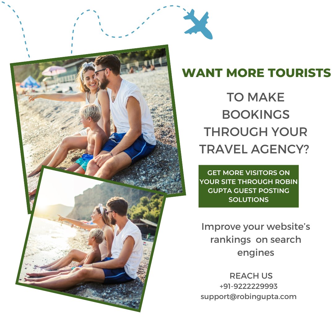 Robin_Gupta's tweet photo. Get more tourists to book their travel from your travel agency. Contact us to know how.

#travelagent #travelbusiness #travelindustry
#bestguestpostingservice #seoforguestposting #seo #linkbuilding #guestpost #GuestPostOutreach #bloggeroutreach #contentmarketing #contentcreation https://t.co/OsHQzWvrhz