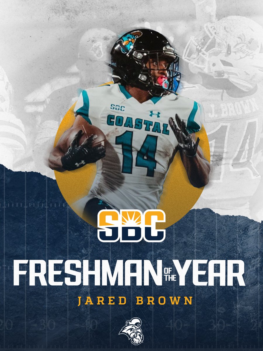 SunBelt's tweet photo. 𝗪𝗛𝗔𝗧 𝗖𝗔𝗡 𝗕𝗥𝗢𝗪𝗡 𝗗𝗢 𝗙𝗢𝗥 𝗬𝗢𝗨?

@CoastalFootball redshirt freshman wide receiver @Jaredb_14 is the @SunBeltFB Freshman of the Year, after tallying 896 all-purpose yards and six touchdowns. ☀️🏈

📰 » https://t.co/xG8ZWjxP90 https://t.co/tjJbvRfqzU