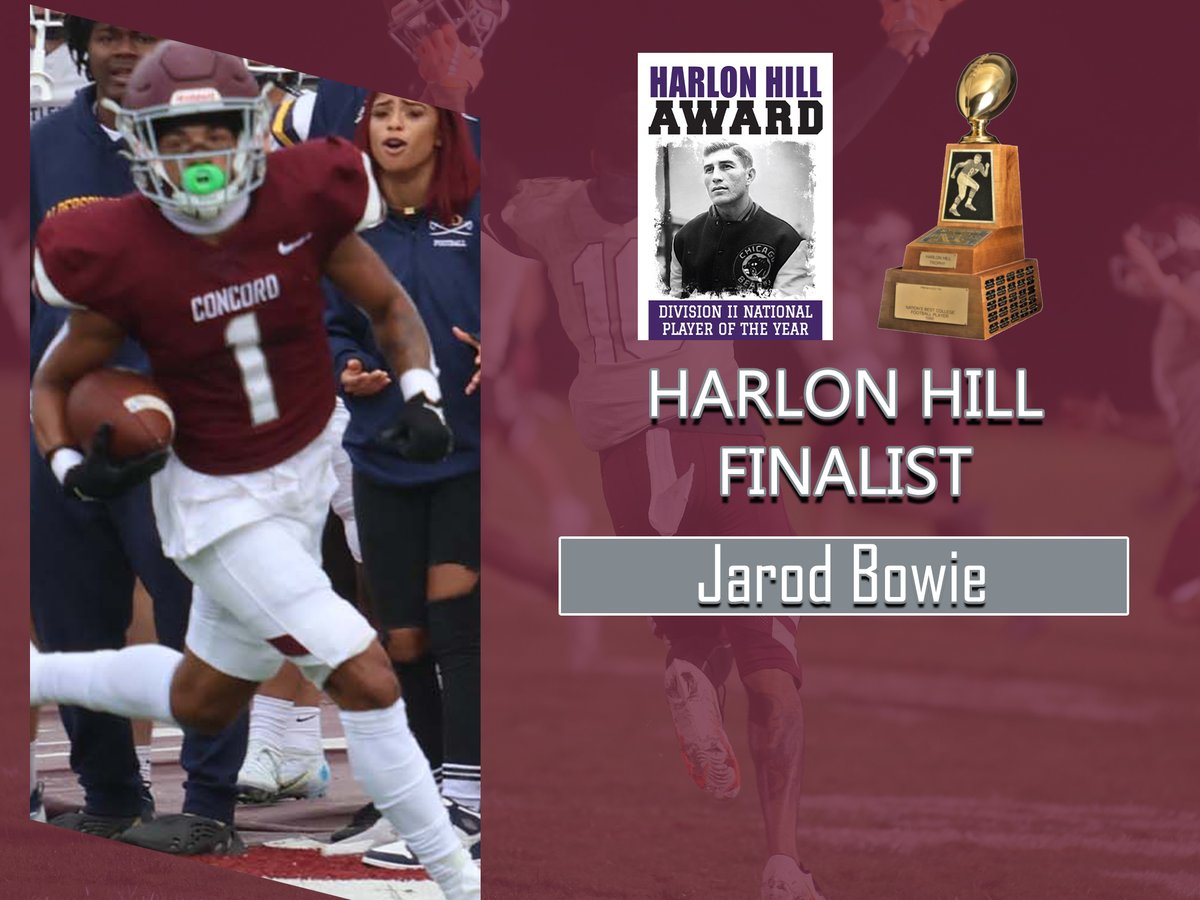 .<a href="/ConcordFootball/">Concord University Football</a>'s Jarod Bowie has been named a finalist for the <a href="/HarlonHillAward/">Harlon Hill Award</a>, becoming the first player in program history to be named a finalist

He leads <a href="/NCAADII/">NCAA Division II</a> in receptions (102) and receiving yards (1,773)