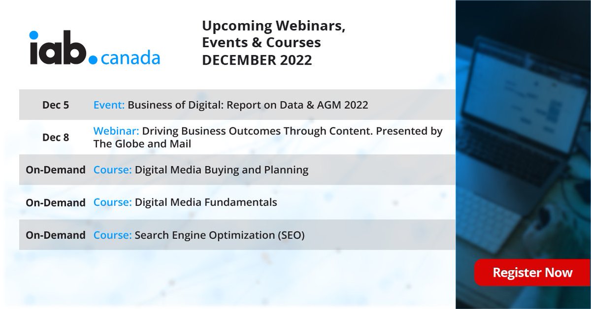 iabcanada's tweet image. Join us on December 5, 2022 as we present our in person #ReportonData event and AGM 2022. After, we welcome to join us as we close out the year with our Community Uninterrupted Webinar series and On-Demand Courses. Sign up today: hubs.ly/Q01tM1Q_0