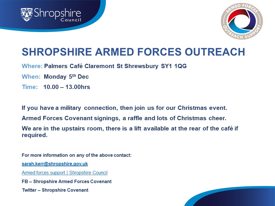 Join us for our last outreach at @palmersofshrewsbury for 2022.
We have Armed Forces Covenant signings, a raffle and Christmas Cheer.
Hope you can join us.
@shropshirecouncil 
<a href="/WMRFCA/">West Midland Reserve Forces & Cadets Association</a>