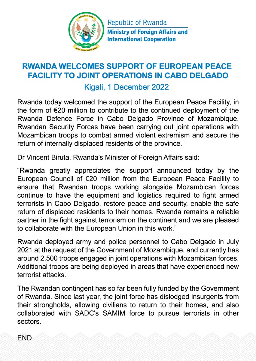 RwandaMFA's tweet photo. Rwanda welcomes the support of European Peace Facility, in the form of €20 million, to contribute to the continued deployment of the Rwanda Defence Force in Cabo Delgado Province of Mozambique. Read more: https://t.co/KJUWjpgepC https://t.co/X02ileXepx