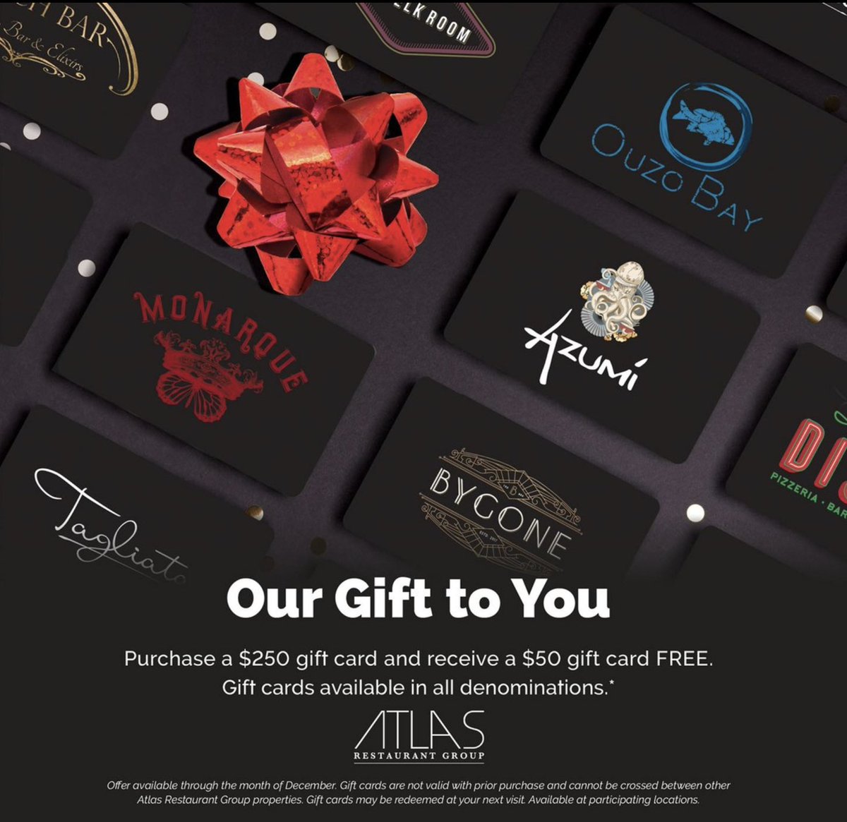 Our annual holiday gift card promotion is back starting today through the month of December 🎁 Purchase a 𝙥𝙝𝙮𝙨𝙞𝙘𝙖𝙡 gift card for $250 or a combined total of $250 from one of our Atlas Restaurant Locations and receive a free $50 gift card. Happy Holidays!