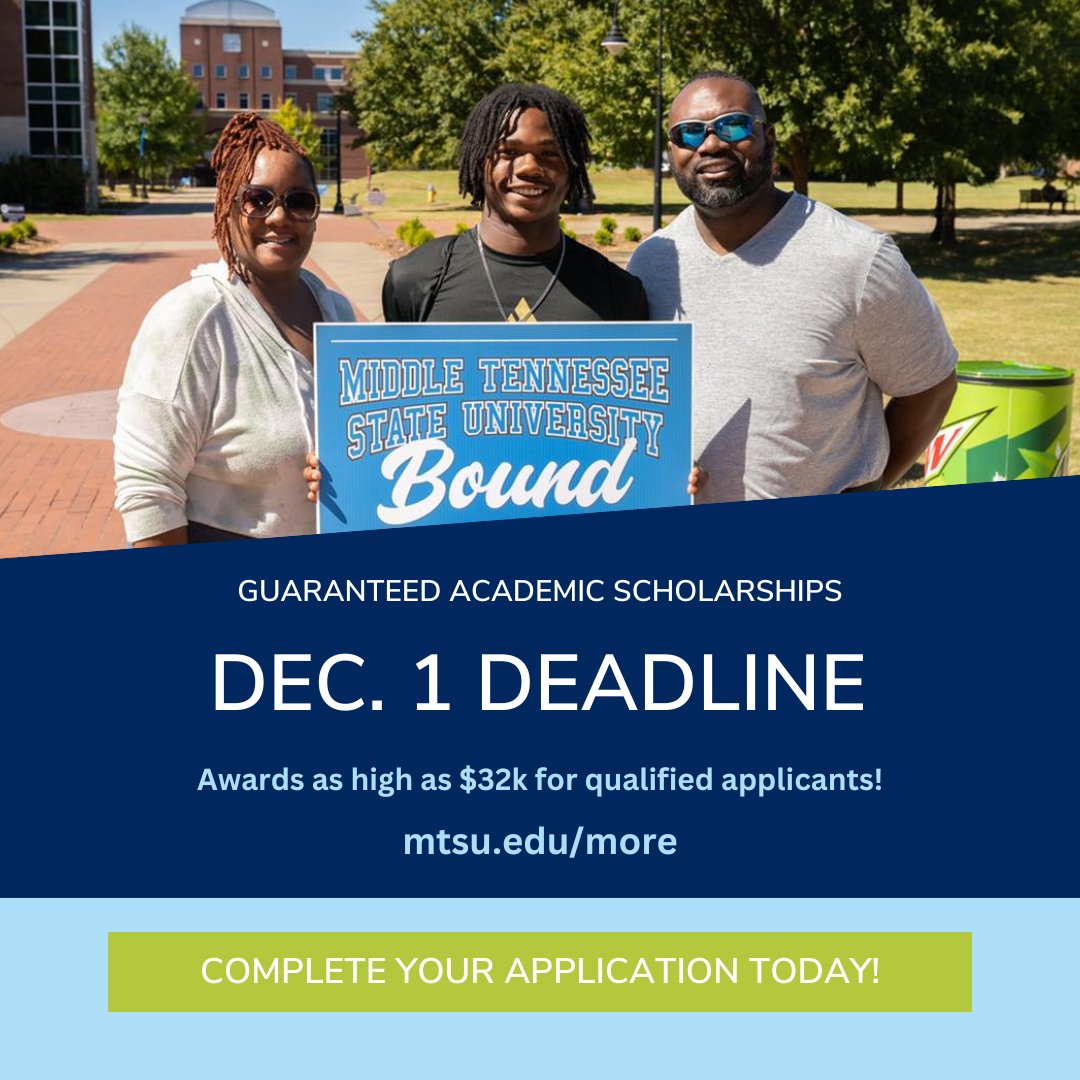 MTAdmissions's tweet photo. Our deadline for our Guaranteed Freshman Scholarships is TODAY! Haven't applied yet? Apply to #MTSU and request your transcript today! Click the link in our bio for more information. ๐โก
Students must meet academic requirements for scholarships to qualify.
#IAmTrueBlue #trueblue https://t.co/VBkqzawgxq