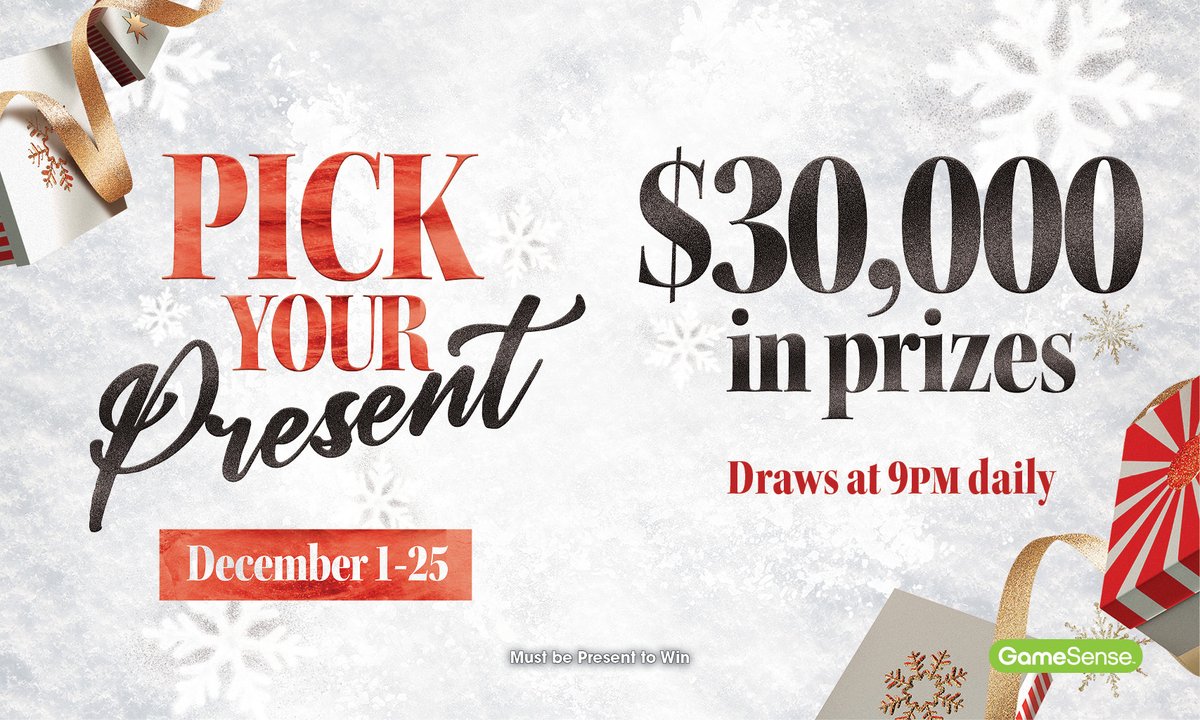 We're in the spirit of giving! From December 1 until December 25 you can swipe daily at the Reward Centre kiosks to enter. Winners will get to pick from $30,000 worth of prizes. Draws are at 9pm daily. Must be present to win.