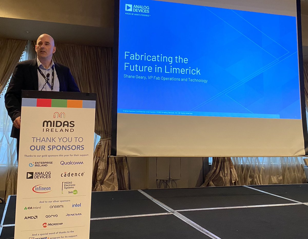 MidasIreland's tweet photo. At #midas22 conference, Shane Geary, VP Manufacturing Operations at Analog Devices presents “Fabricating the Future in Limerick” #Limerick #ADI #semiconductors https://t.co/TGw30SAxI1