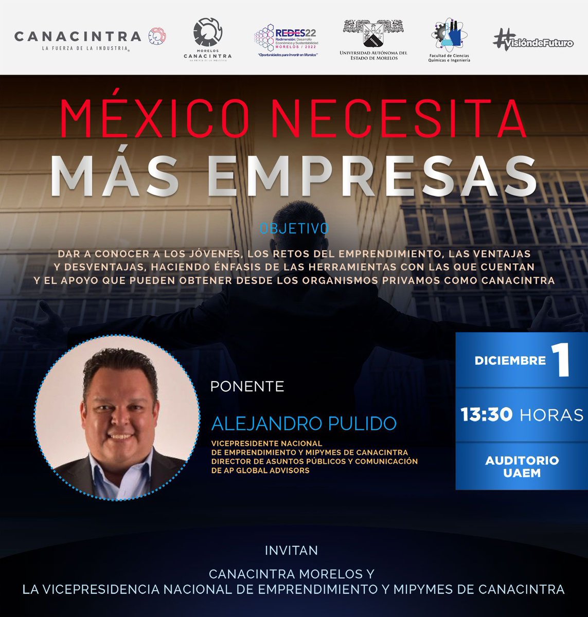 AlexPulidoG's tweet photo. ✅ Hoy impartiré en #Morelos 2 conferencias relacionadas con el #emprendimiento y las #MiPyMEs, para contribuir a detonar la industria, desde @CANACINTRAMex.

🔺México necesita más Empresas, 13:30 en @morcanacintra.

🔺MiPyMEs: la fuerza de la economía, 17:30 en la @uaemorelos. https://t.co/YRTXyQEcav
