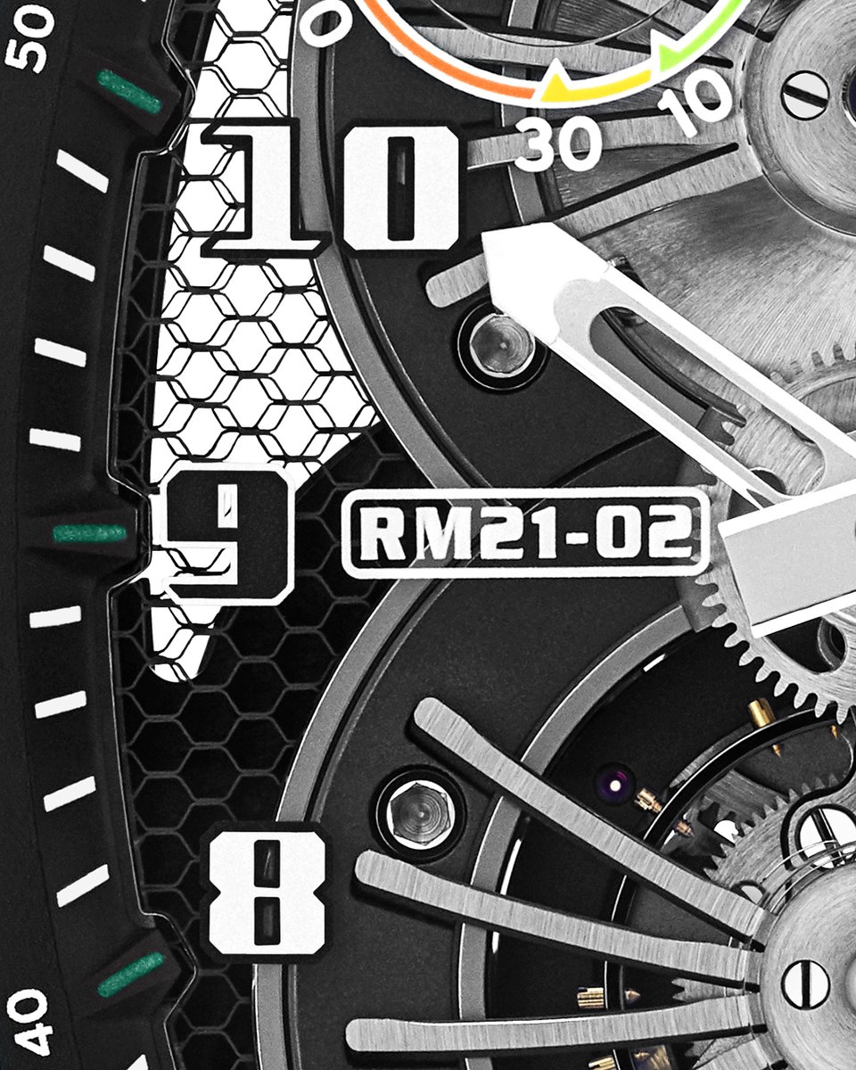Richard_Mille's tweet photo. The complex structure of the RM 21-02 case mixes 3 different materials. The bezel is in green Quartz TPT® and Carbon TPT®, a material also used for the pillars, integrated into the titanium caseband.
https://t.co/UXr1dUvEYq
#RichardMille #RM2102 https://t.co/mBYzKi5kmZ