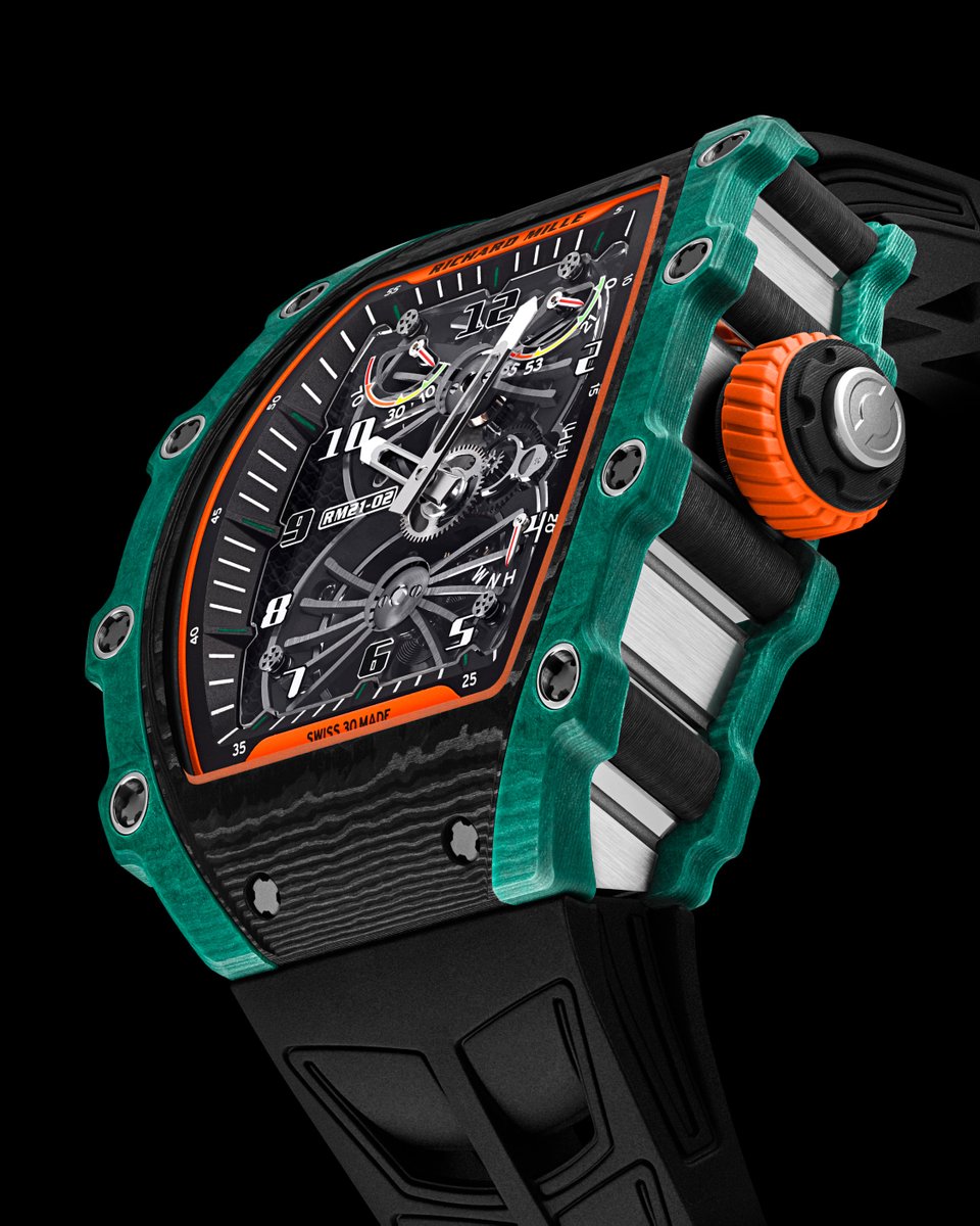 Richard_Mille's tweet photo. The complex structure of the RM 21-02 case mixes 3 different materials. The bezel is in green Quartz TPT® and Carbon TPT®, a material also used for the pillars, integrated into the titanium caseband.
https://t.co/UXr1dUvEYq
#RichardMille #RM2102 https://t.co/mBYzKi5kmZ