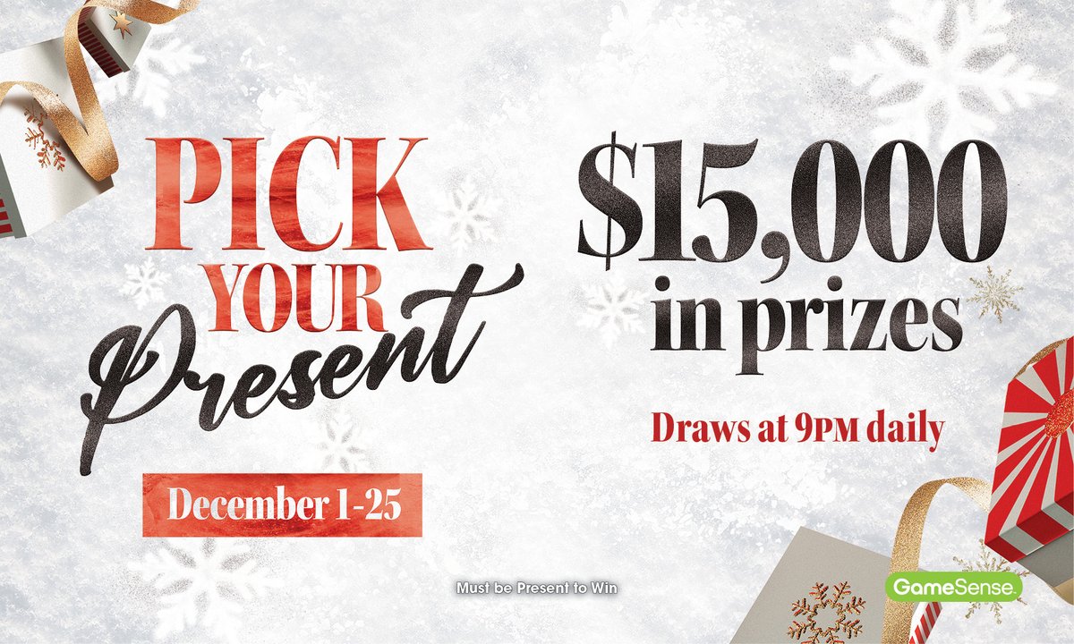 We're in the spirit of giving! From December 1 until December 25 you can swipe daily at the Reward Centre kiosks to enter. Winners will get to pick from $15,000 worth of prizes. Draws are at 9pm daily. Must be present to win.