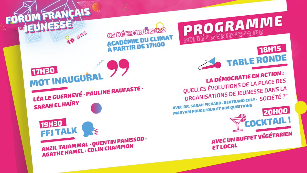 FFJeunesse's tweet photo. 🎂 DEMAIN, c'est la soirée anniversaire du FFJ !
📝Inscriptions de dernières minutes : https://t.co/GvnMczpPJO
📍à l' @AcademieClimat dès 17H !

📣Interventions, Q&amp;R, cocktail -  Demandez le programme ! 👇 https://t.co/iVDr2GmskB