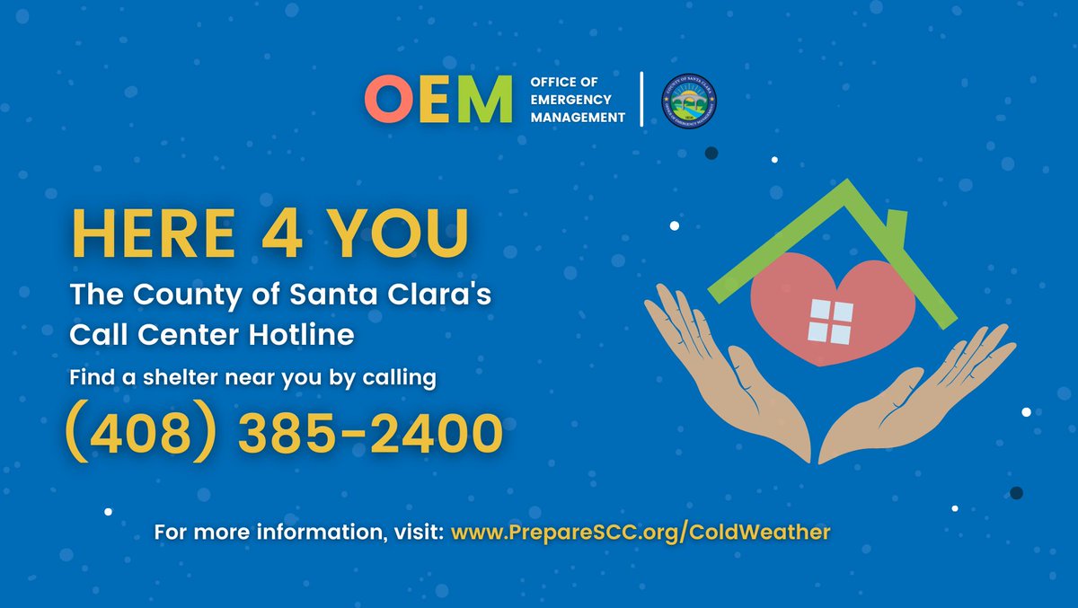 Need help finding shelter? Call the County of Santa Clara’s Shelter Hotline: 408-385-2400. 
#SCCSAFE #PrepareSCC