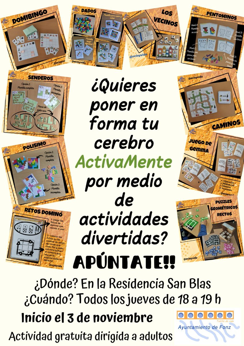 Si todavía no has participado en la ActivaMente, pásate esta tarde por el centro de día San Blas y participa de los divertidos e ingeniosos talleres que nos propone Ocio y Vida. Gimnasia mental 🧠para todas las edades. #Fonz