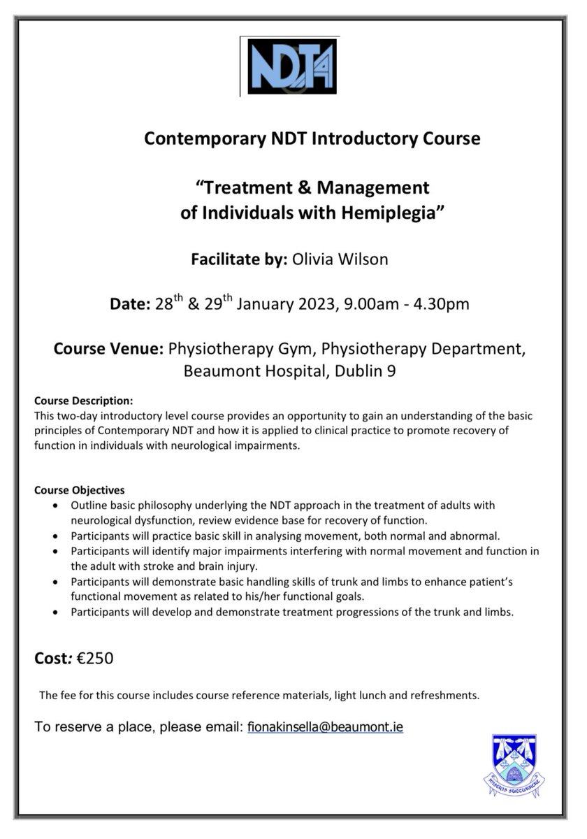 CPD Opportunity: Join us for  a “Contemporary NDT Introductory Course” on 28th &amp; 29th January 2023. Open to Physiotherapists and Occupational Therapists with an interest in neurorehabilitation. #cpd #physiotherapy #occupationaltherapy #neurorehab <a href="/OtBeaumont/">OTBeaumontHospital</a> <a href="/NDTAorg/">NDTA</a>