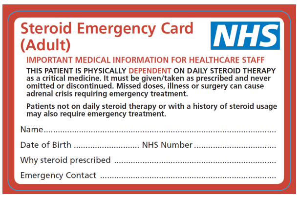 Soc_Endo's tweet photo. Do you have the NHS Steroid Emergency Card? Could you share your experience with us? Take part in our Steroid Emergency card and adrenal insufficiency perioperative guidelines survey by 2 December to have your views heard: https://t.co/HJzVOBEsfw @RCPhysicians @ptsafetyNHS https://t.co/nqZ2RvtzSX