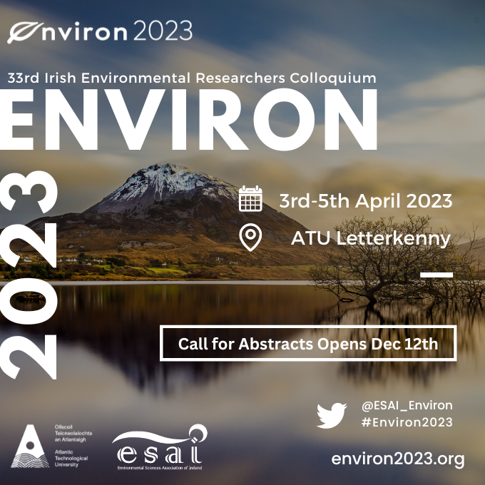 WirelessIoT's tweet photo. Environ, the 33rd Irish Environmental Researchers Colloquium, will take place from 3-5 April '23 at ATU Letterkenny.

Co-hosted by @ATUDonegal_ &amp; @ESAI_Environ the event will bring together leading environmental scientists.

Abstract call opens Dec 12⏰
➡️https://t.co/U27hCW0Xi6 https://t.co/IqpVJyokAS
