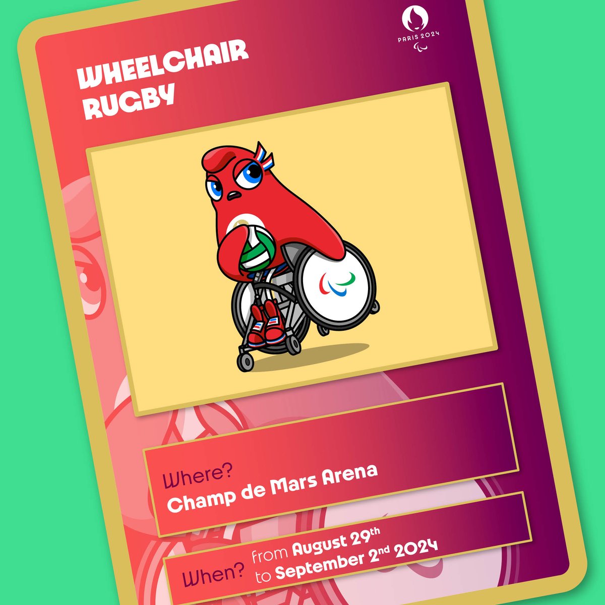 👨‍🦽The #wheelchairrugby mascot for Paris 2024  Paralympic Games  😍
For Paris 2024, we see a new generation of #Phryges who have come to help the nation start a new revolution through sport.
📍Champ de Mars Arena
🗓️29 August-2 September 2024

#heretowin #WWR