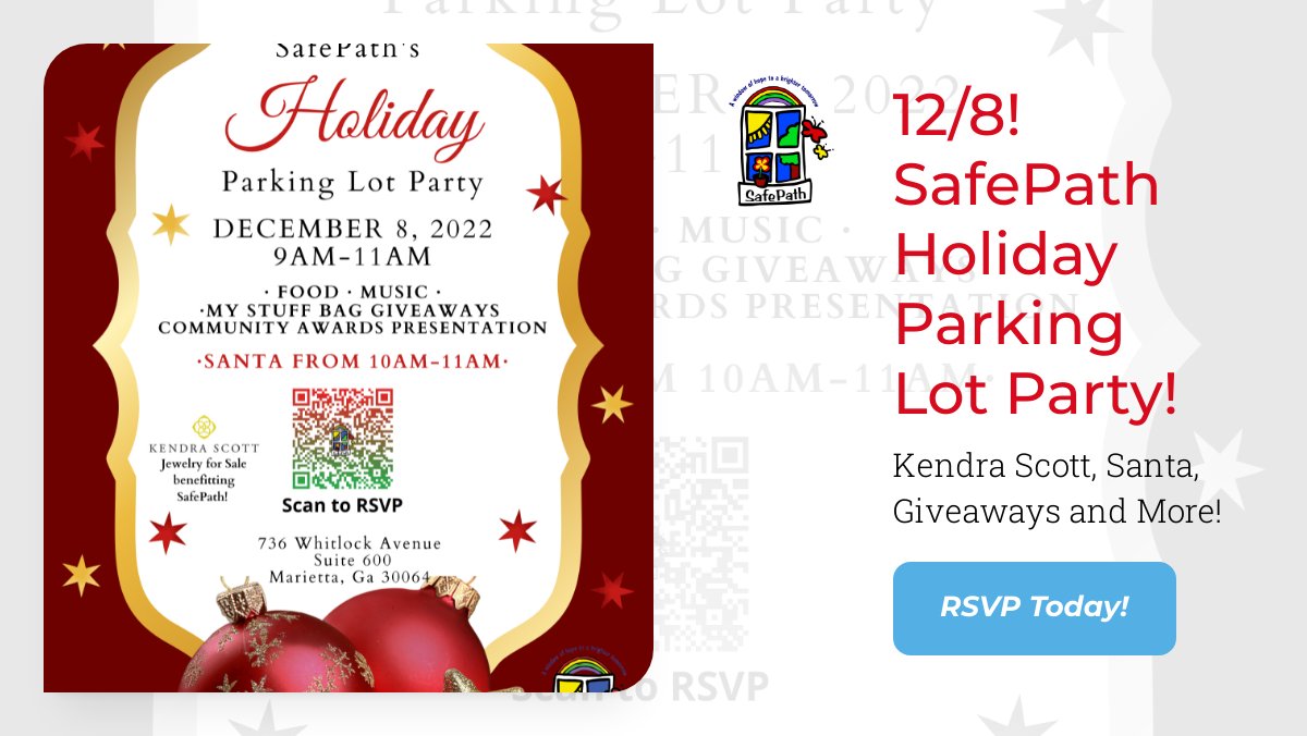 SafePathCAC's tweet image. 12/8! SafePath Holiday Parking Lot Party! RSVP today!  🎅 - mailchi.mp/safepath.org/2…