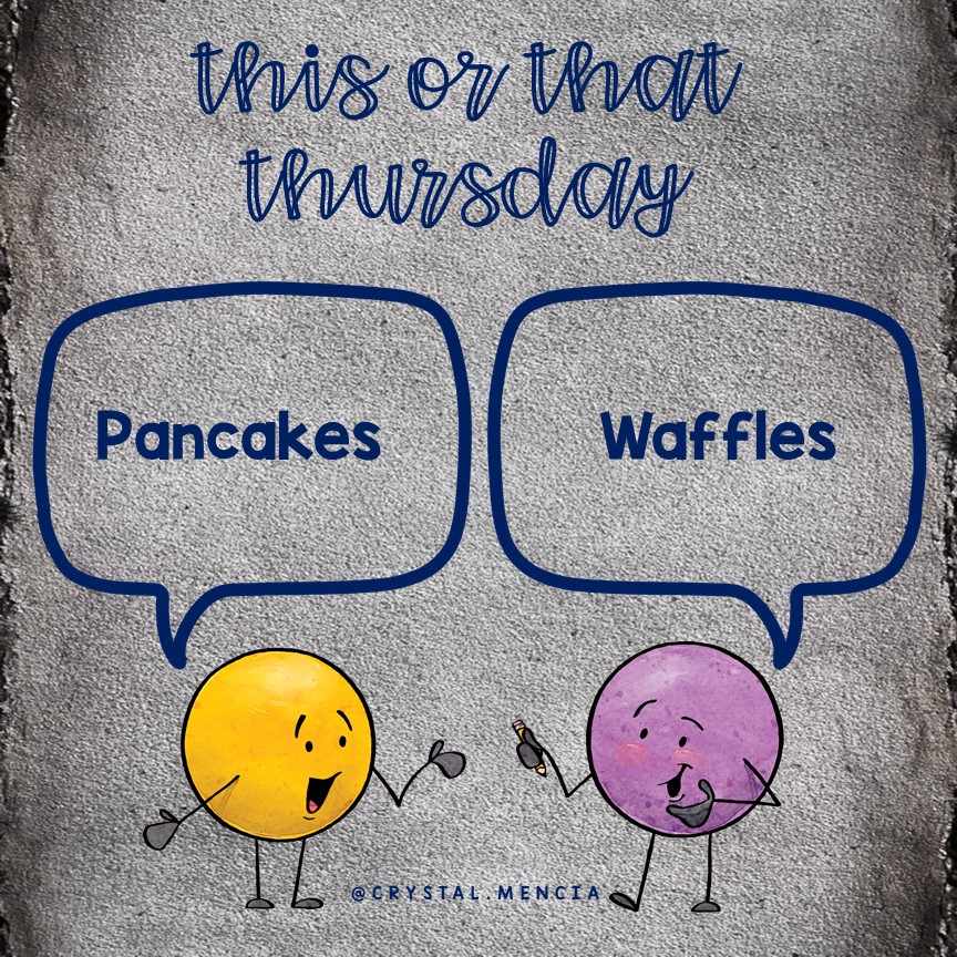 CrystalMenciaTP's tweet photo. What do you prefer: pancakes or waffles?

[Image Description: Two dot dudes are in conversation facing each other. The yellow dot dude is saying PANCAKES. The purple dot dude is saying WAFFLES.]

#MorningMeetingIdeas #ThisOrThat #WouldYouRather #ThisOrThatThursday https://t.co/jRhJYMEu0J