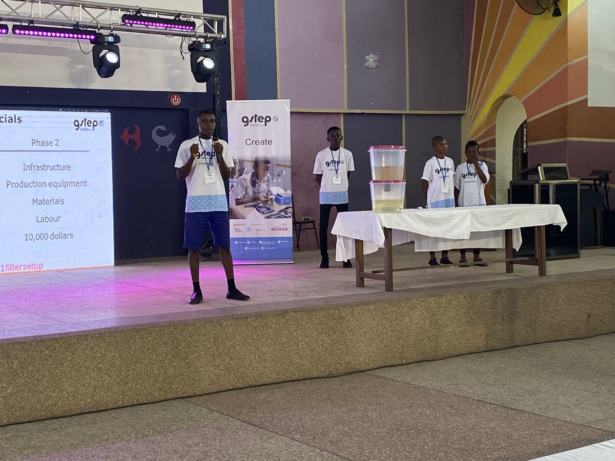 GSTEP_GH's tweet photo. Next on stage are THE EXPLORERS with their prototype, the Expo Filter. A water purifying setup that purifies water, making it safe for drinking, cooking and other basic necessities.

@MESTAfrica @foundervine @FondationBotnar @Challenge_Works
 
#GSTEPChallenge #JudgingEvent https://t.co/jedkrfYzFO